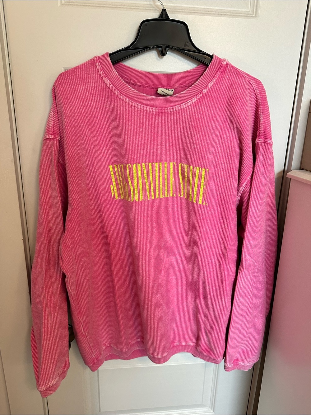 Pink Corduroy Crewneck Sweatshirt with Yellow Chest Logo